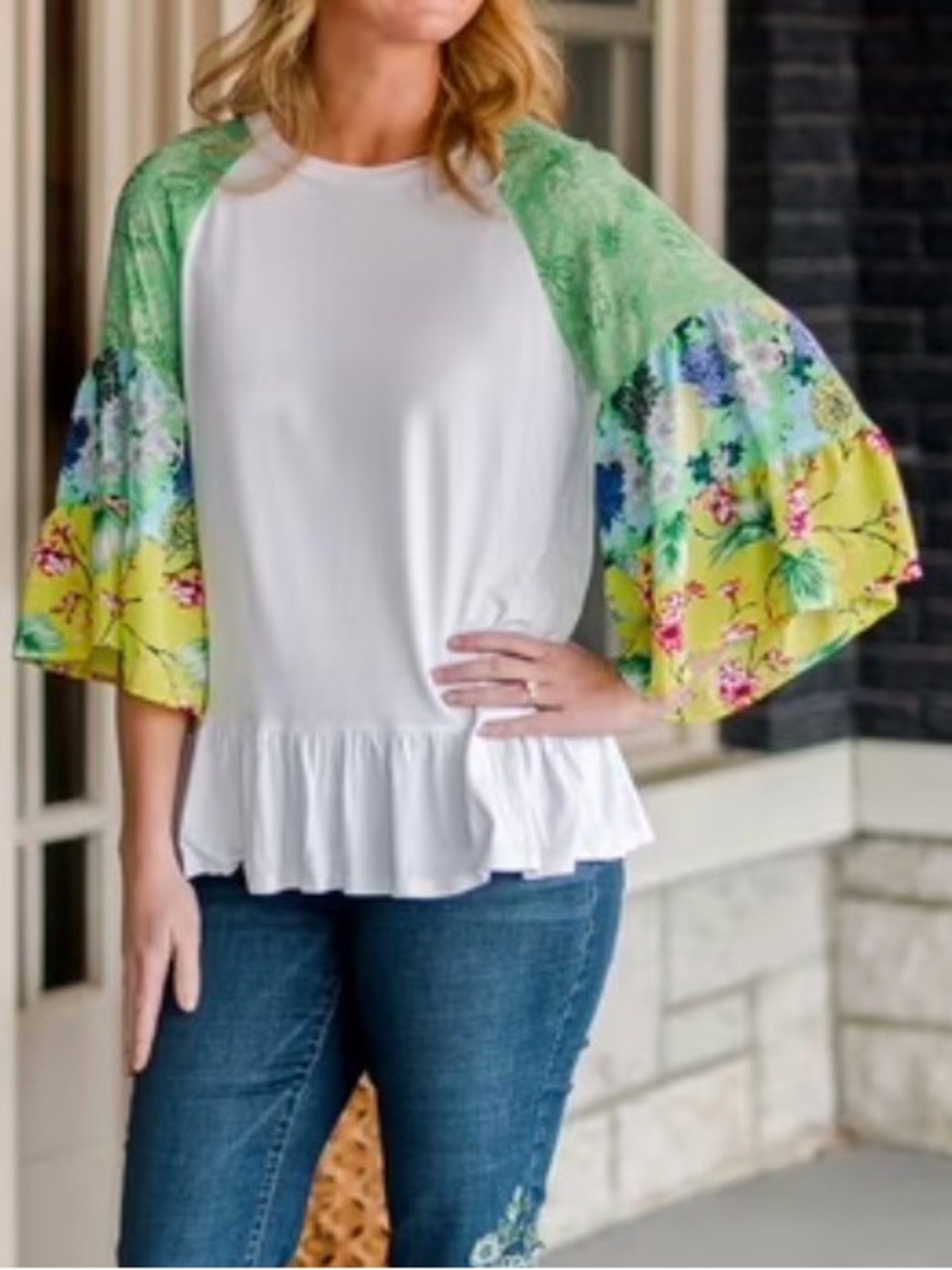 Pioneer Woman peplum top with colorful balloon bell sleeves - small